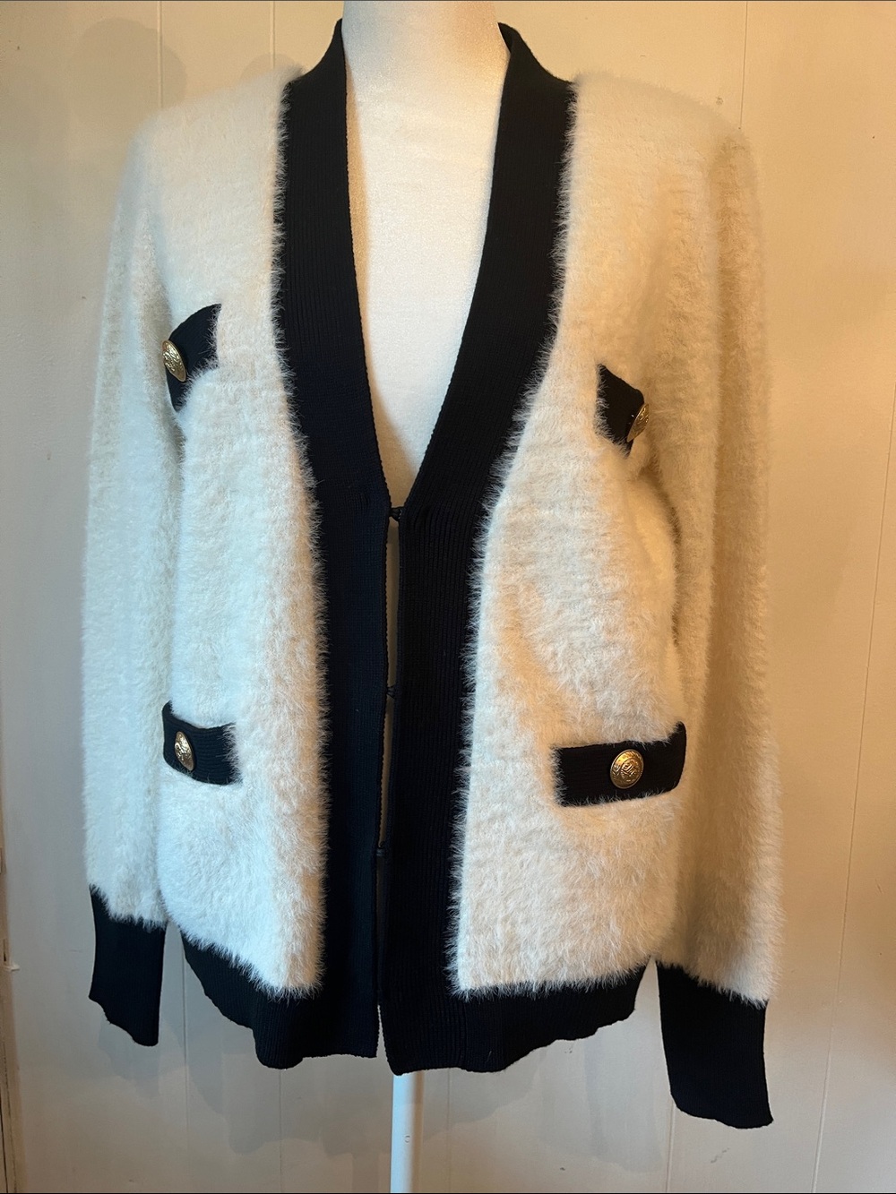 Elie Tahari Cream and Black Fuzzy Knit Cardigan with Gold Buttons